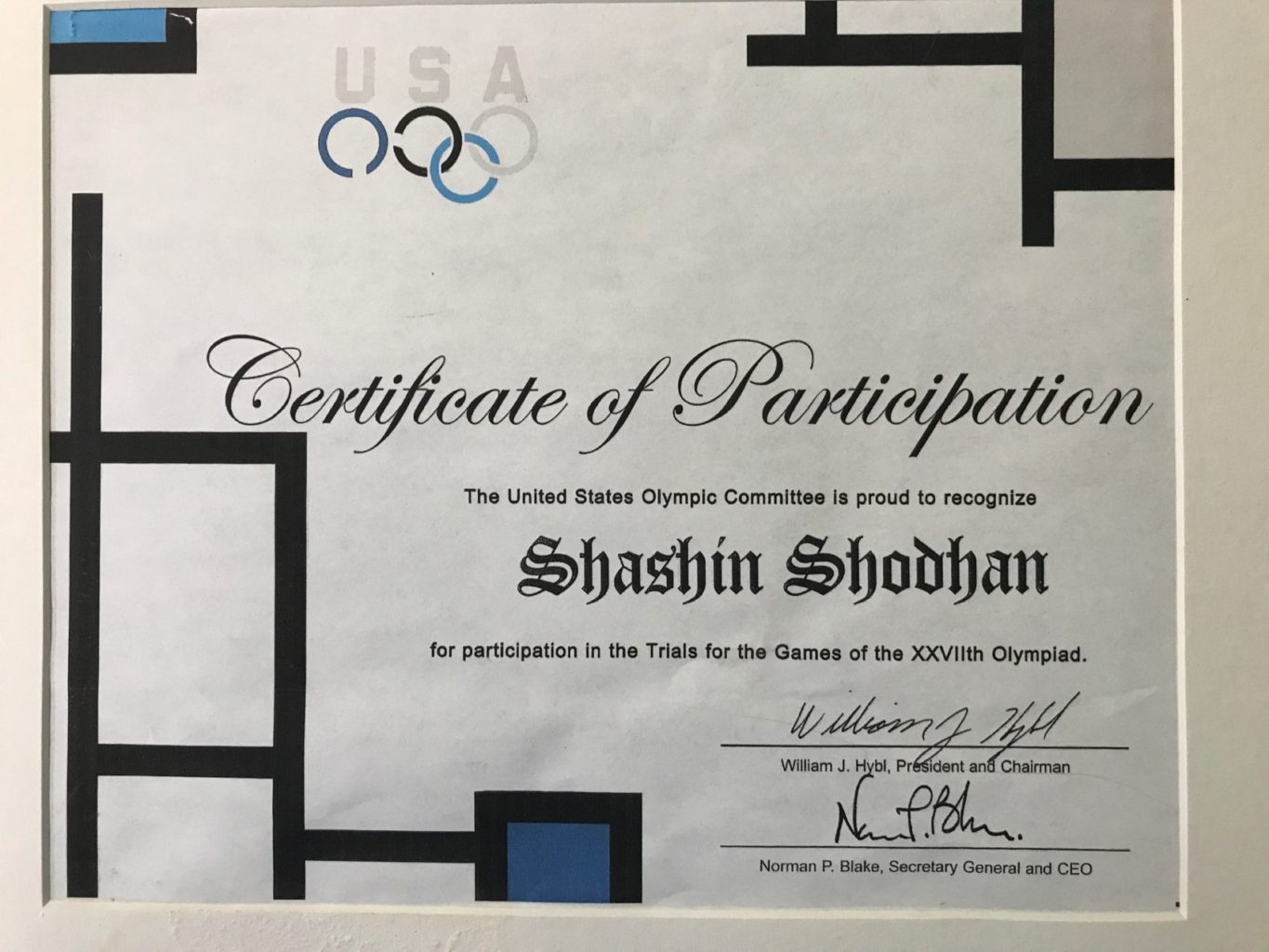 North American Olympics Trials Certificate