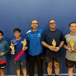 Open Doubles Finalists: Left to Right: 2nd: Jishnu, Amrit, Tourney Director Shashin, 1st: Arkaprabho, Frank (Dewei)