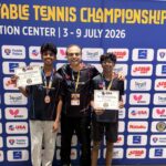 Raghav Bikkina and Siddanth Gogikari with coach and bronze medals